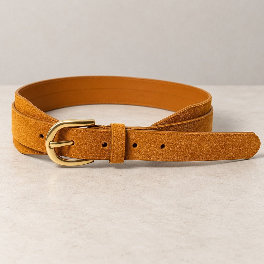 LOFT Women Suede Leather Belt Desert Spice Gold Buckle Size M NEW Waist Belt 90s